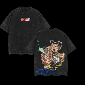 Yusuke Urameshi Vintage Washed T-shirt, Unisex Oversize Short Sleeve Anime Streetwear Graphic in Heavyweight Cotton, Top