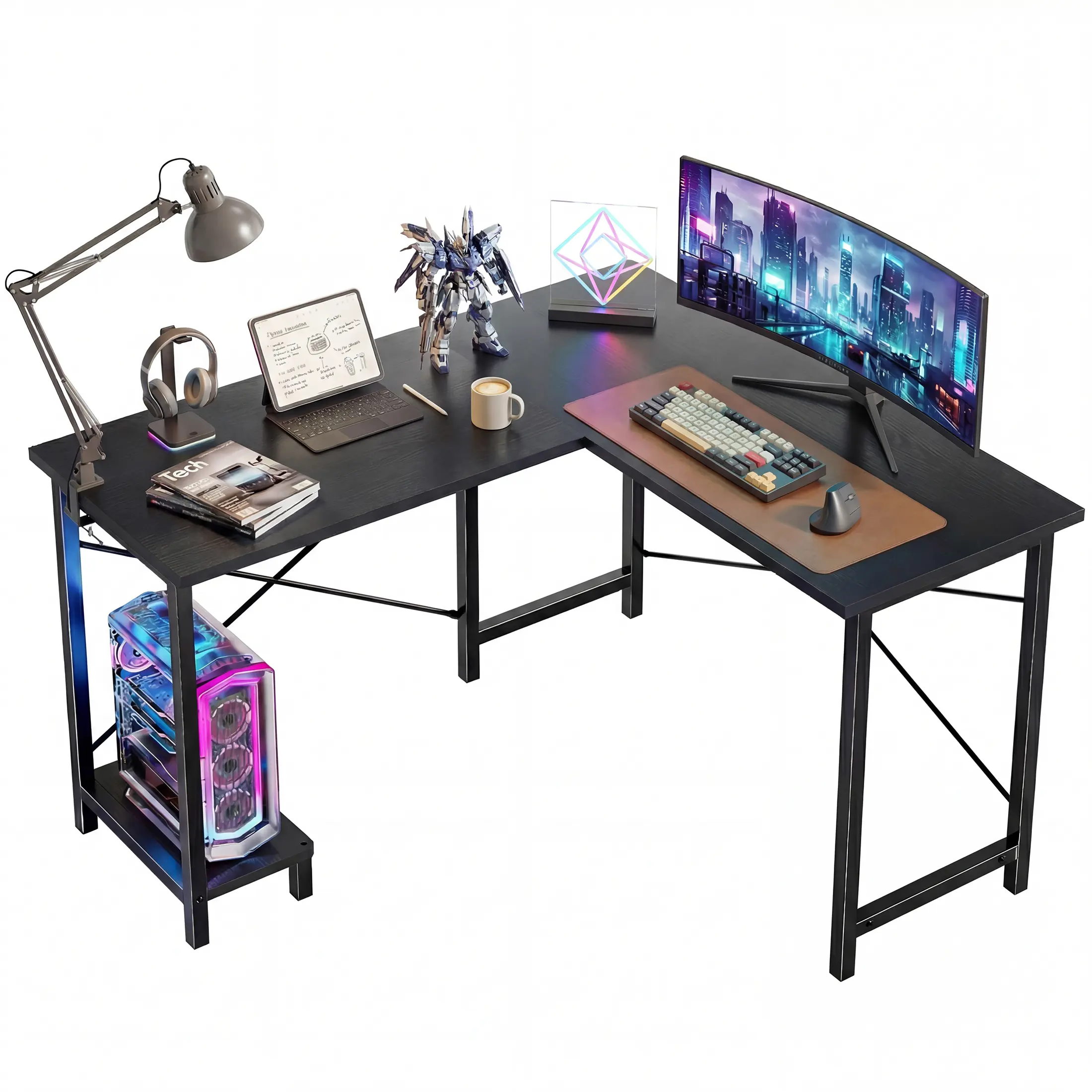 L Shaped Computer Desk with Reversible CPU Stand & Side Storage Bag – Spacious Workspace for Multiple Monitors – Sturdy Metal Frame with Waterproof Desktop – Easy Assembly for Home Office & Gaming Room