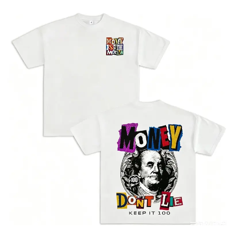 Menswear Breathable Cotton T-Shirt, Short Sleeve Round Neck 100% Cotton Tee, Benjamin Franklin Print, "Money Is The Motive - Money Don't Lie - Keep It 100" Graphic, Loose Unisex Vintage Dark Design, Casual Streetwear Outfit, Breathable Cotton Tee
