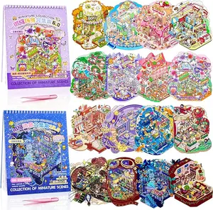 Mother's Day Gift  2 Sets Big Size DIY 3D Sticker Scenes Book with 2 Tweezer for Make Your Own Scene Stickers，16 Designs Mini House Scene Stickers Book Therapy Sticker for Relief Stress Pass The Time