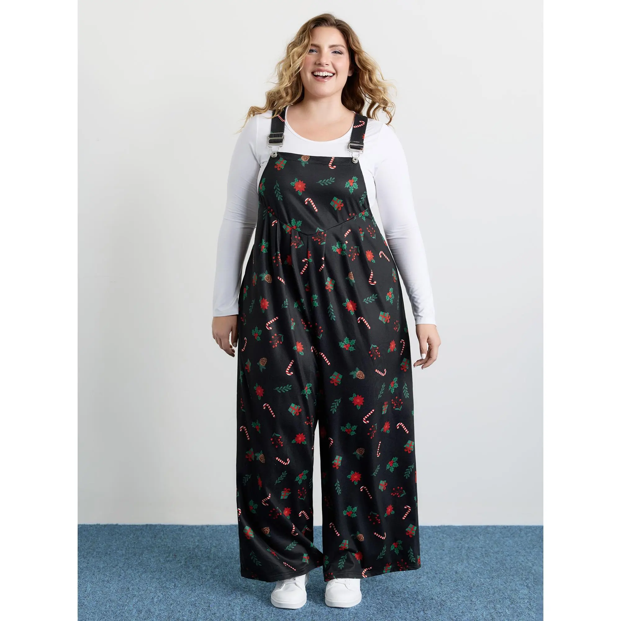 BloomChic Women's Plus Size Sleeveless Square Neck Wide Leg Overalls Jumpsuit - Casual Candy Vibes Print Polyester-Elastane Fabric with Side Pockets, Sizes M-6X, Plus Size Clothes