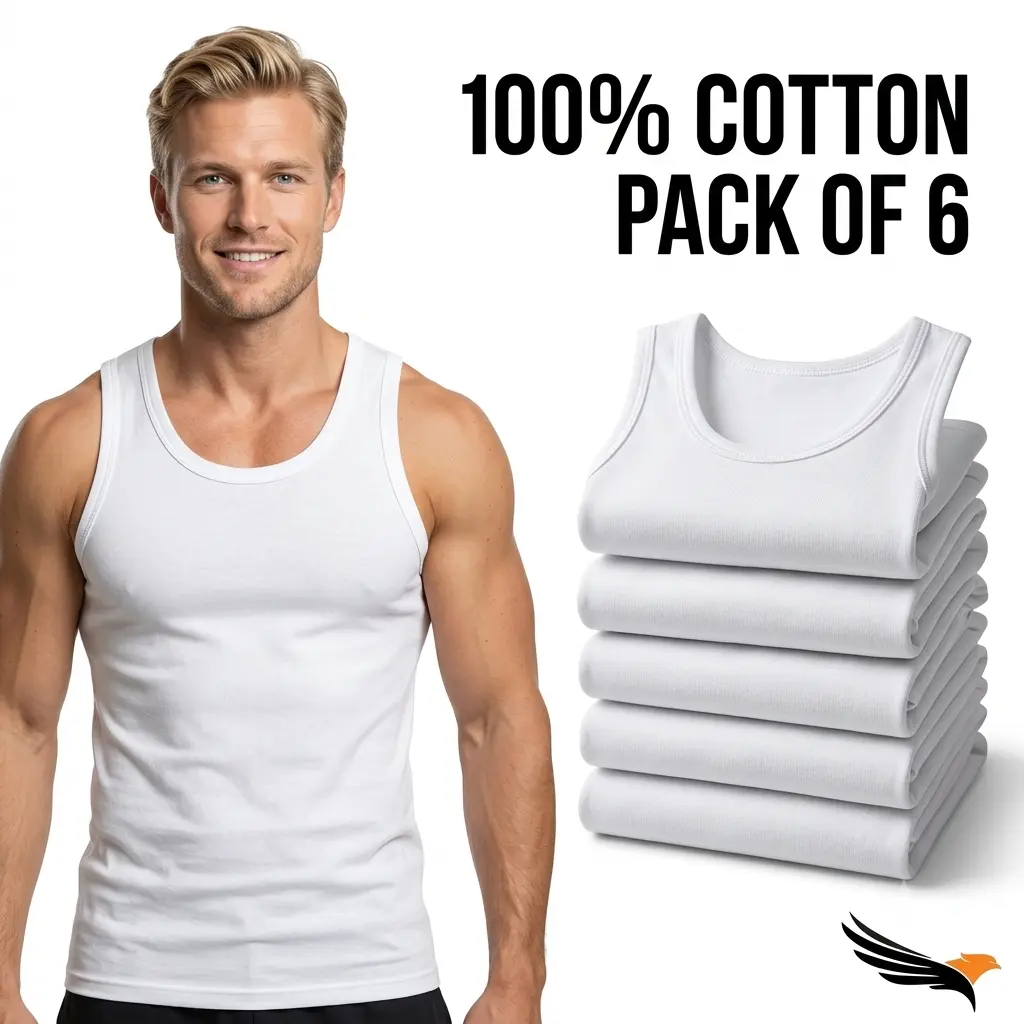 Men's 6-Pack 100% Cotton Breathable  Slim Fit Undershirt, White Sleeveless Ribbed Muscle Shirt for Everyday Wear & Gym(White)
