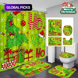 Christmas Theme Christmas Tree Design, Non-Slip Mat, U-Shaped Rug, Toilet Lid Cover, Waterproof Shower Curtain, Perfect for Bathroom Decor #GLOBAL PICKS