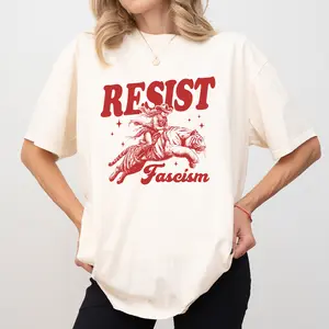 MAPTEES Resist Fascism Comfort Colors Shirt, Cowgirl Riding Tiger Graphic Tee, Retro Western T-shirt, Country Girl Outfits, Social Justice Clothing