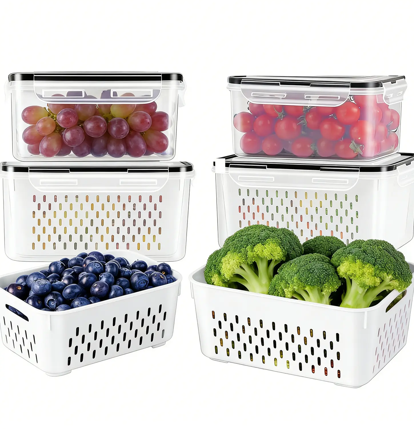 8 pcs Fridge Organizer Storage (4 Colanders & 4 Storage box) Fruit Stakable Containers for Fridge with Remouvable Colander, Food Storage Container for Salad Vegetable Meat Keeper Fresh,campingessentials,campinggear,home essentials