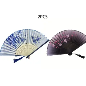 2pcs Bamboo Fan, Random Bone Design, Vintage Cherry Blossom Pattern, Lightweight Handheld Portable Folding Fan for Hanfu Dance Performance, Decor, Chinese Fan