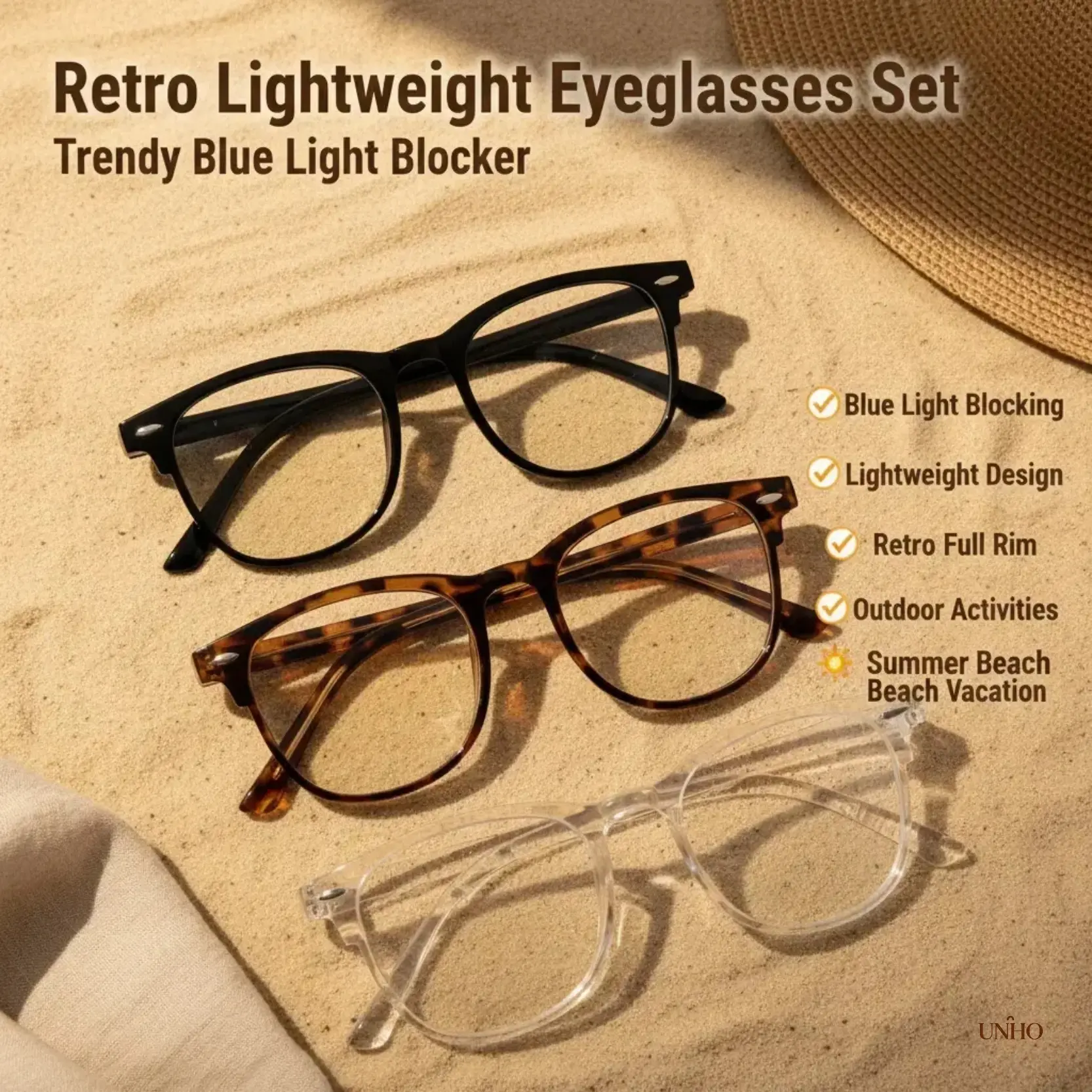 3 Pack Retro Full Rim Square Eyeglasses, Lightweight Frames With Blue Light Blocking Lenses, Fashion Casual Eyewear Ideal For Summer Beach Vacations And Daily Outdoor Activities