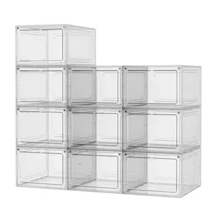 6 Pack Clear Magnetic Stackable Shoe Organizer With Magnetic suction door,   Space Saving Storage Organizer For Entryway, Bedroom, Home, Dorm, Etc