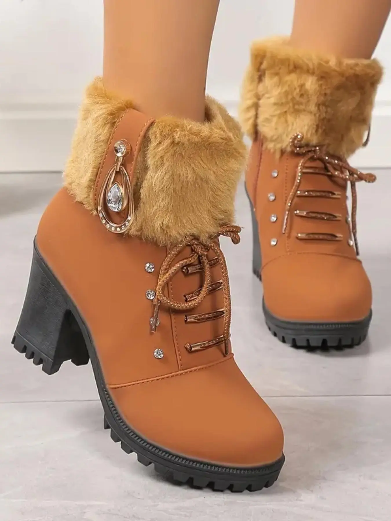 Women's Fashionable Rhinestone Decorated Plush Lining Ankle Heeled Boots, Casual Comfortable Round Toe Boots for Fall & Winter, Female All-match Trendy Shoes for Daily Wear Winter Booties, Heeled Boots