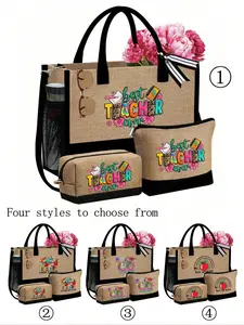 Teacher Patterned Handbag With Shoulder Straps And Makeup Bag,(1 Large Bag And 2 Small Bags),Portable Storage Handbags,Multifunctional Shopping Bags,Fashionable patterned bag,Gift Bag With Side Pockets,Suitable For Daily Use,Mother'S Day Gift