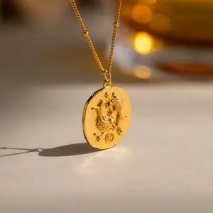 Zodiac Coin Necklace by Caitlyn Minimalist - Celestial Gemstone Pendant Necklace - Gold Plated Constellation Necklace - Summer Jewelry - Birthday Gift
