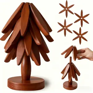 8 Inch Trivets for Hot Dishes, Hot Pots and Pans, Anti Stain Wood Pot Holders for Kitchen Counter Decor, Wooden Hot Pads Collapsible Tree Coasters with Organizer Dinner Placemats