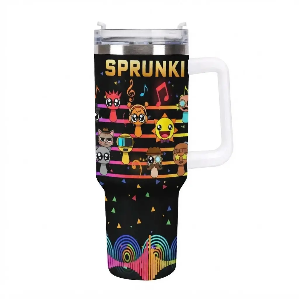 Sprunki Music-Themed 20oz & 40oz Insulated Stainless Steel Tumbler with Handle, Leak-Proof Travel Cup with Lid. Boasting playful cartoon Sprunki characters, vivid musical notes, and vibrant geometric accents, this tumbler comes in three eye-catching