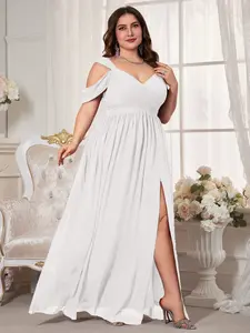 Elegant Chic V Neck Backless Ruched Waist Chiffon Maxi Dress, Womenswear, High Slit Bridesmaid Gown, Pure Color Flowy A-Line, Perfect for Weddings