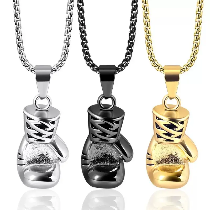 Men's Vintage Boxing Glove Pendant Necklace Set - 304 Stainless Steel, Titanium Finish, Silvery Bead, 60cm Chain, Punk Style Fashionable Gym Accessory