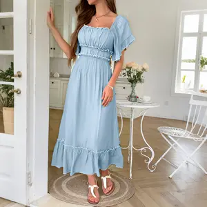 European And American Leisure Vacation Style Stringy Selvedge Short Sleeve Dress