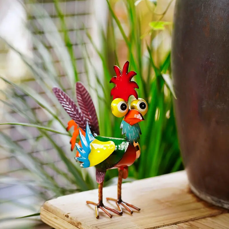1pc Rustic Iron Chicken Statue - Colorful Garden Decor with Red Comb & Blue Feathers, Outdoor Yard Art for Farmhouse, Patio, Or Kitchen, Perfect Easter Gift, Chicken Decor, Metal Outdoor Statue, Exterior Decorative Statues