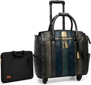 MAYYAD Women’s Teal and Charcoal Snakeskin Rolling Laptop Bag – Elegant Business Trolley with Wheels – Stylish Wheeled Briefcase with Padded Laptop Compartment