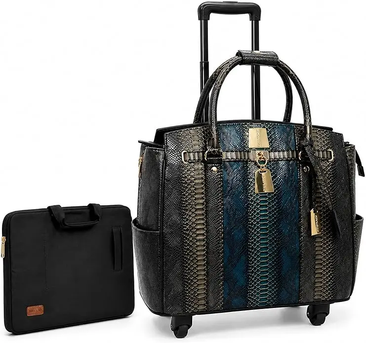 MAYYAD Women’s Teal and Charcoal Snakeskin Rolling Laptop Bag – Elegant Business Trolley with Wheels – Stylish Wheeled Briefcase with Padded Laptop Compartment