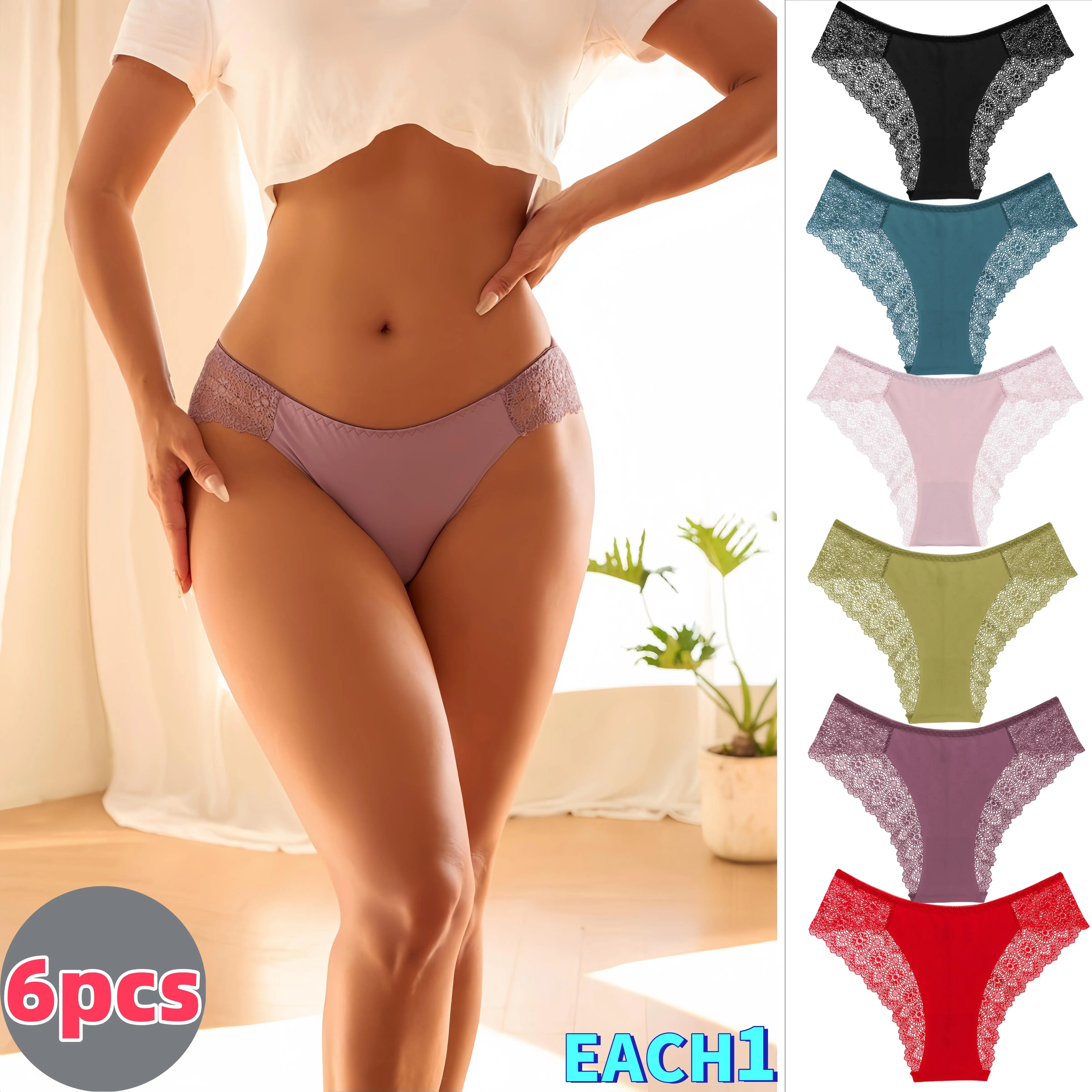 6 Pack Women's Assorted Color Contrast Lace Panties Set, Fashion Comfy Soft Breathable Scalloped Trim No Show Cotton Crotch Underwear for Daily Casual Everyday Wear. hot com