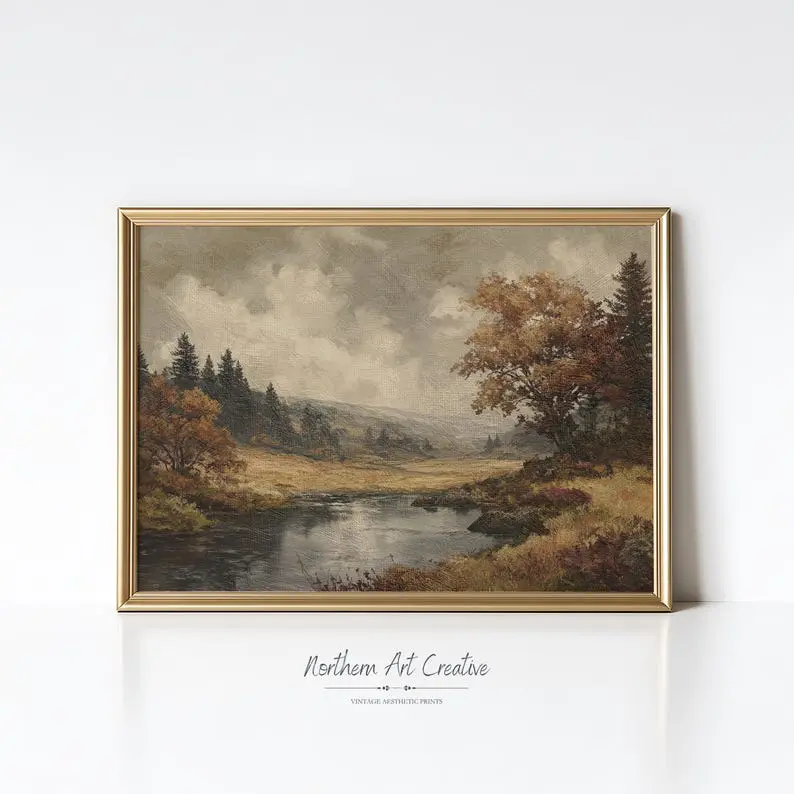 [SALE OFF 35% + FREESHIP] Vintage Landscape Wall Art, Farmhouse River Painting, Cottagecore Decor Fall Landscape Print, Moody Autumn Prints
