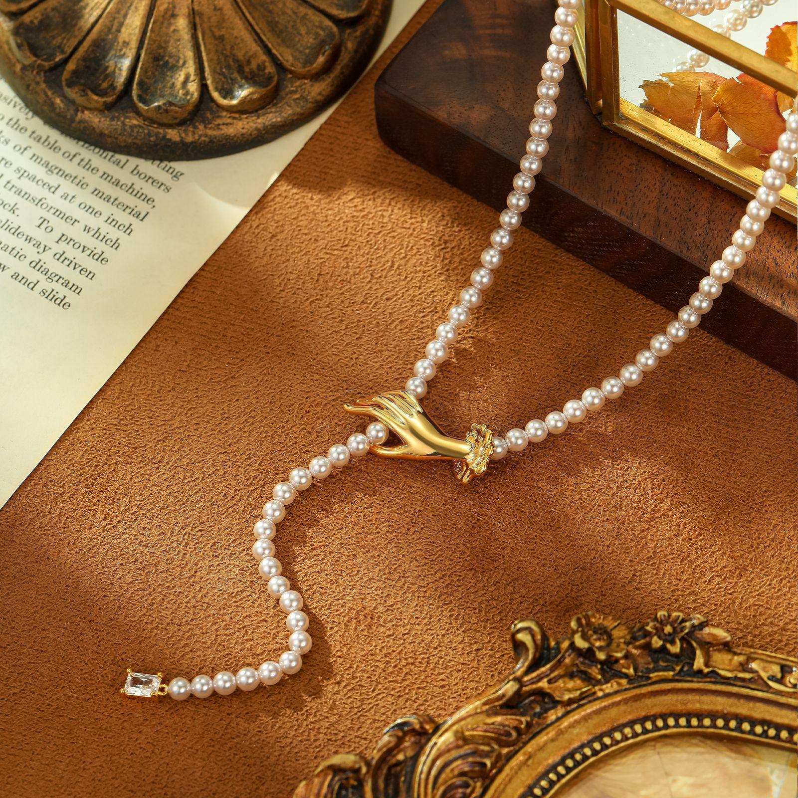 Vintage Pearl Choker Necklace, 18K Gold Plated Beaded CZ Layered Necklace, Dainty Luxury Clavicle Chain, Trendy 2026 Jewelry Gift for Her