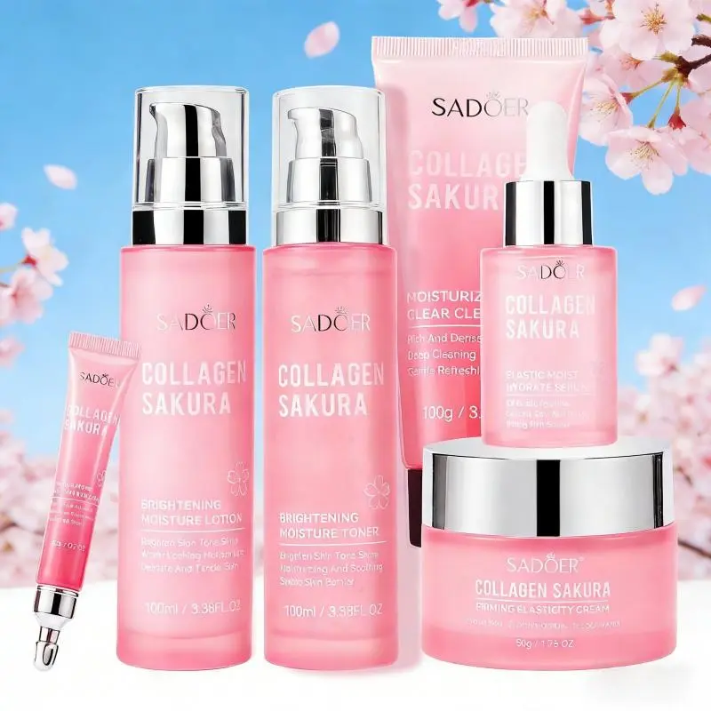 Sakura Collagen Hydrating Glow 6-Piece Skincare Set, Collagen Deep Hydration, Deep Moisture, Plump & Brighten, Gentle Complete Care Kit, Moisturizing Hydrating Kit