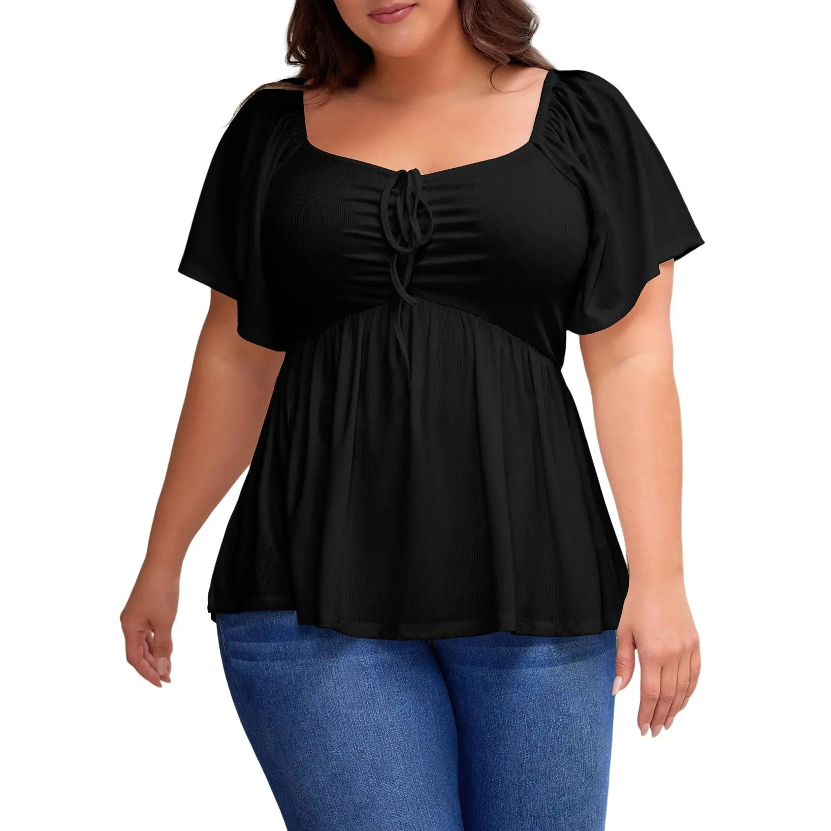 Eytino Women Plus Size Sweetheart Neck Short Sleeve Shirred Peplum Rib Blouse Tops Shirts(1X-5X) Eytino Women Plus Size Sweetheart Neck Short Sleeve Shirred Peplum Rib Blouse Tops Shirts(1X-5X)