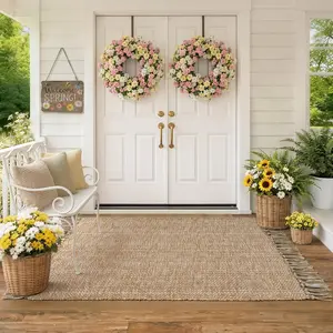 Washable Area Rug 3' x 5', Modern Farmhouse Woven Kitchen Rugs, Tan/Cream Indoor Outddor Mat Braided Throw Carpet for Entryway Bedroom Nursery Laundry Living Room