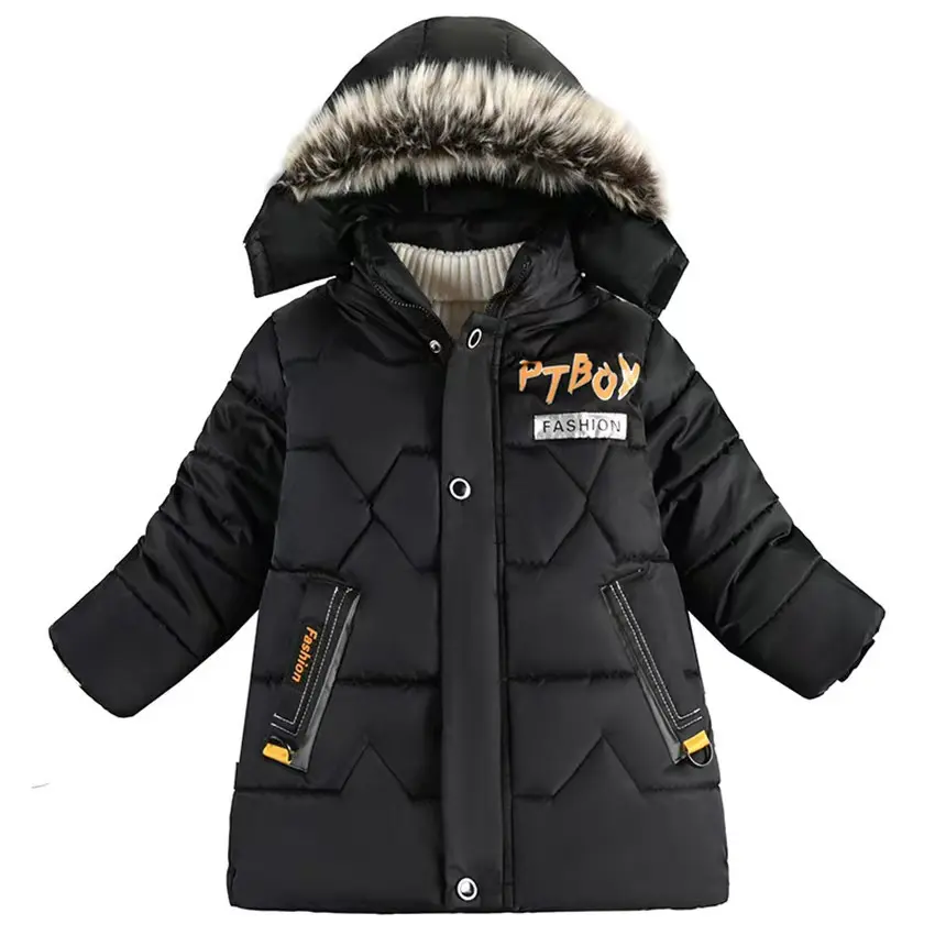 Boys' Winter Polyester Padded Coat - Zip-Up Hooded, Mid-Length, Long Sleeve, Graphic Alphabets Design, Cozy Warm Outerwear for Children's Autumn Outdoor Activities