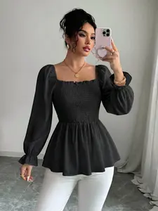 Women's Spring Autumn Square Neck Pure Color Solid Ruffled Hem Fitted Feminine Casual Style Vacation Long Sleeve Shirt Top, Ladies' Fashion Blouse, Casual Classy Top