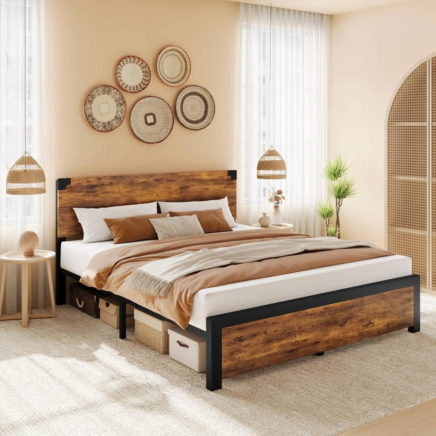 【Christmas Gift】Brown Full Bed Frame With Wood Headboard