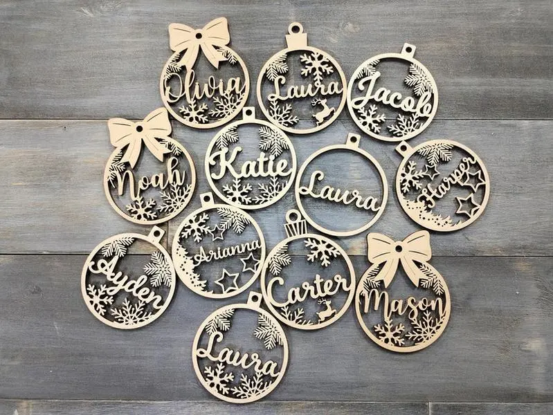 Personalized Wood Christmas Ornaments with Laser Cut Names for Christmas Tree Decor