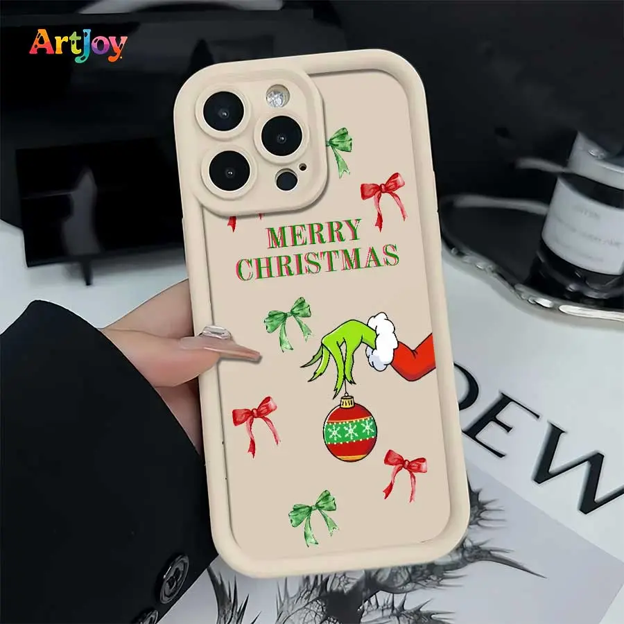Shockproof Phone Cover, Protective Casing with Grinch Hand, Bauble & Bow Minimal Christmas Illustration - Phone Accessories for iPhone 17 Pro Max,16,16 Plus,15,14,13,12 - Ideal Holiday Gift for Protection Needs