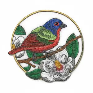 Painted Bunting & Magnolia Circle Embroidered Patch (5" x 5") – Vibrant Southern Bird Iron-On or Sew-On Design, USA Made