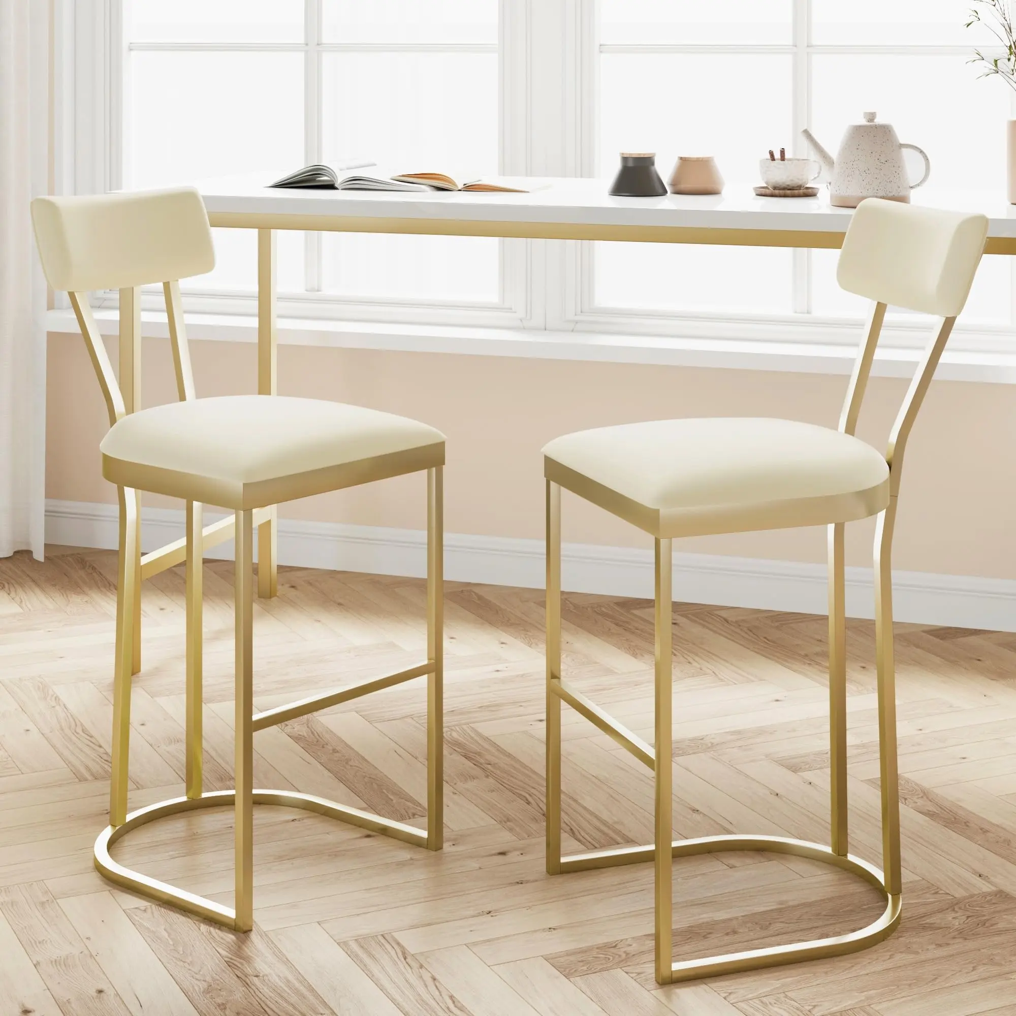YJ-Garvee 2pcs Luxury Counter Height Bar Stools Set - 67cm Seat Height, Velvet Upholstery, Curved Back, Ergonomic Seats, Sturdy Metal Legs, Recline Angle, Gold & Neutral Tones for Kitchen Islands (Without Arms, Memory Foam), Counter Height Barstools, Bars