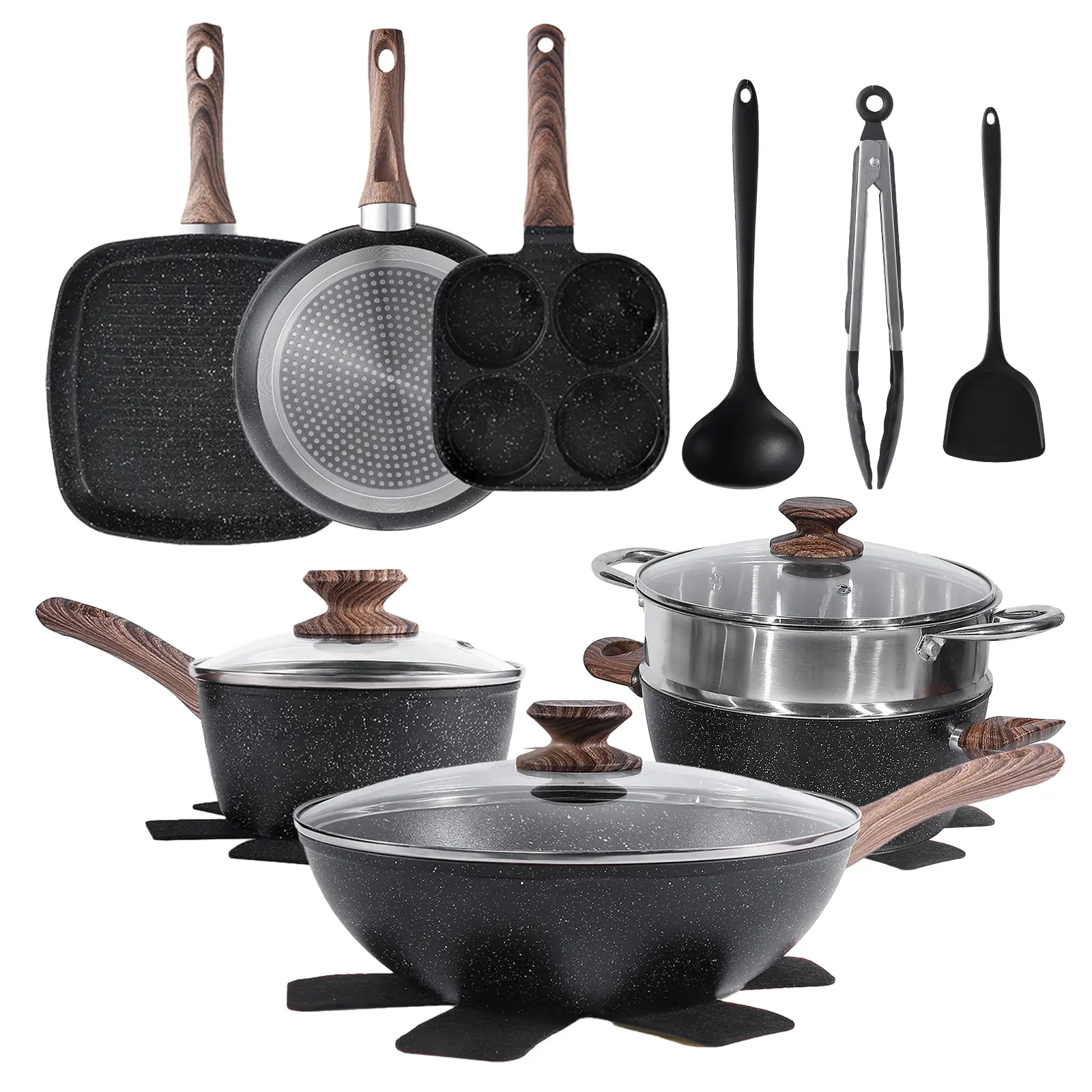 Complete 17-Pc Nonstick Cookware Set - Healthy PFOA-Free Pots & Pans with Stay-Cool Handles & Glass Lids, Works on All Stovetops Including Induction