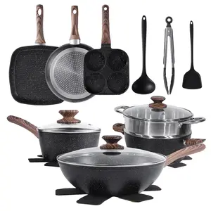 17 Pcs Nonstick Pots and Pans, Non-toxic Kitchen Cooking Set with Stay-Cool Handles