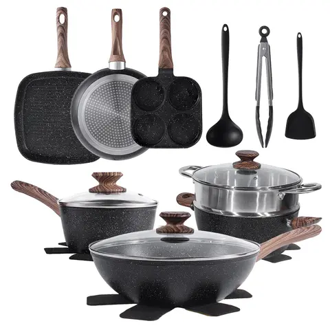 Contemporary 17-Piece Aluminum Non-Stick Cookware Set - Non-Toxic Coating, Stay-Cool Handles, Round & Square Pots, 4 Pan Protectors, All-Stovetop Use, Easy Clean Kitchen Home Cooking Supplies