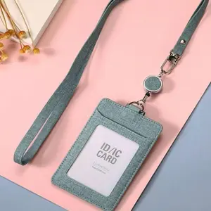 ID Badge Holder, PU Durable Leather Material Personalized ID Card Holder With Lanyard, Identification Badge Supplies for Office, School, Work