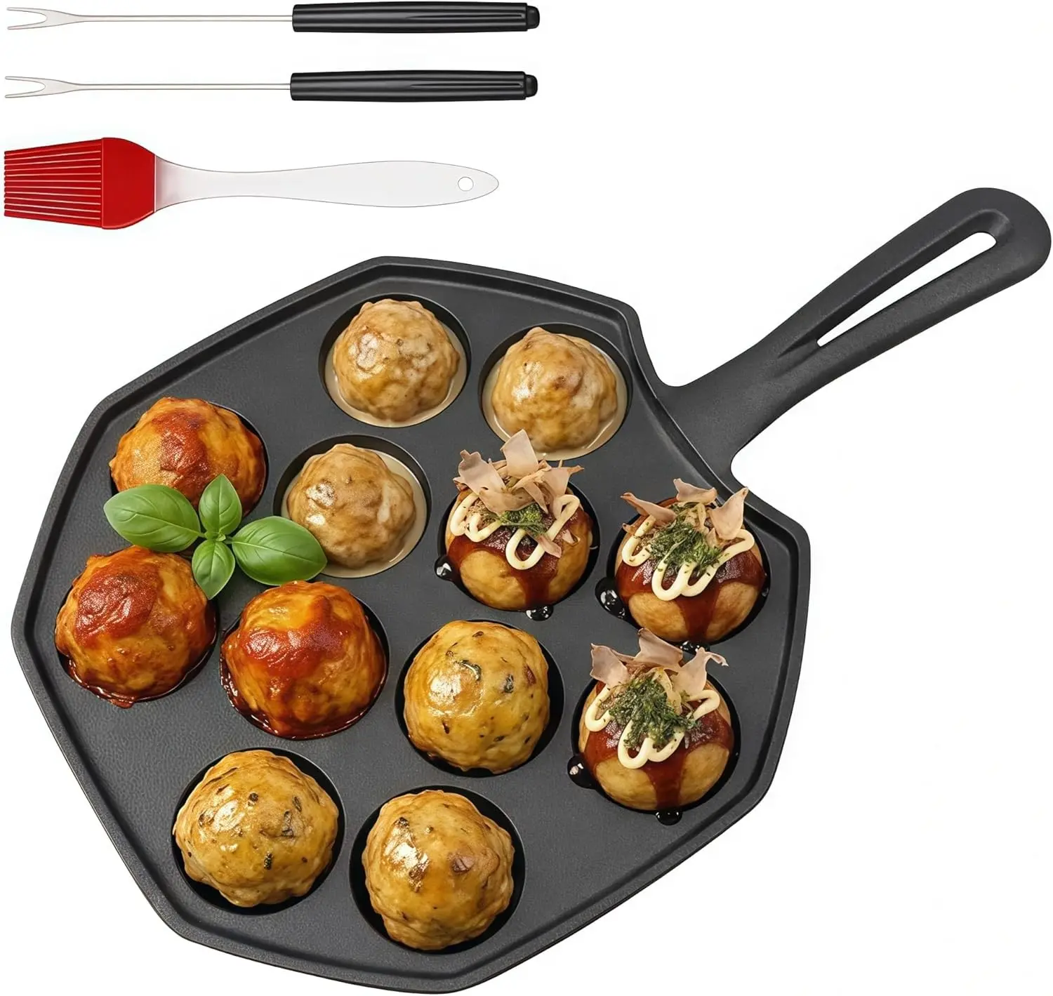 Cast Iron Takoyaki Pan 12 Hole Aebleskiver Pancake Puff Pan with Forks & Brush, Oven Safe