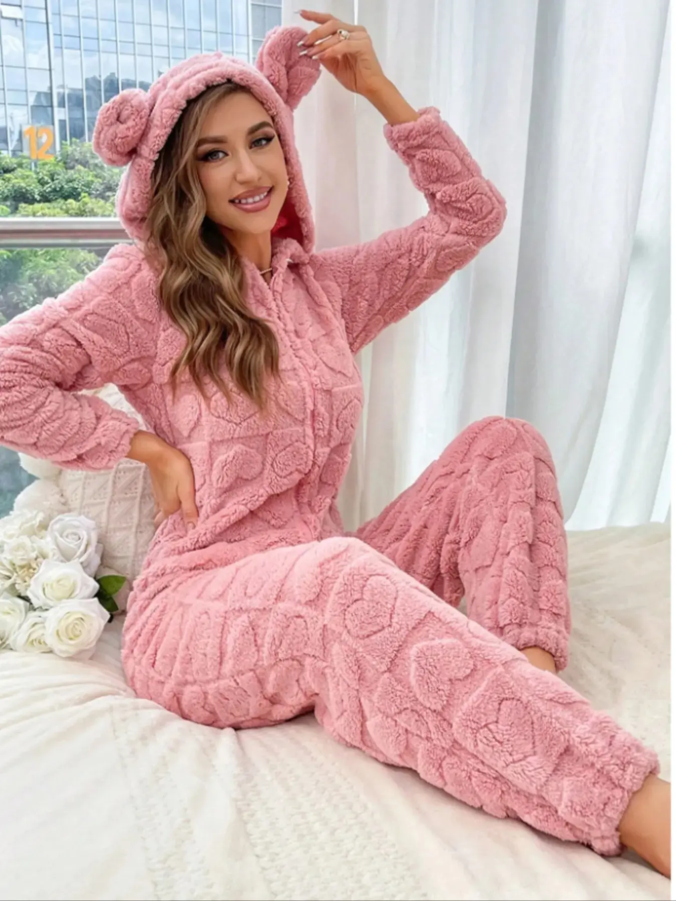 Women's Plush Soft Fleece Onesie Pajamas Set, Long Sleeve Hooded Jumpsuit with Ears Design, Autumn Winter Warm Fitted Basic Sleepwear & Loungewear for Ladies, Womenswear, Home Loungewear Pj Onesie