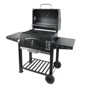 Grill Boss 24 Inch Charcoal BBQ Grill, Side Shelves, Built In Thermometer, Black