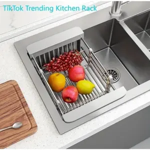 Stainless Steel Hanging Dish Rack, 1 Count Adjustable Multi-function Water Filter Basket for Fruits & Vegetables, Kitchen sink Organize,Black & Gray。TikTokShopBacktoSchool
