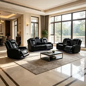 Power Recliner Sofa Set with LED Lights,PU Leather Reclining Couch with Coffee Table/Storage Console/Cup Holder,Reclining Living Room Set with 5 Recliner Seats for House