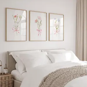 Coquette Flower Bow Wall Prints for Teen Girls Bedroom Cute Floral Decor Above Bed Set of 3 Girly Wall Art Soft Pink Aesthetic Bow Posters Frames Glossy