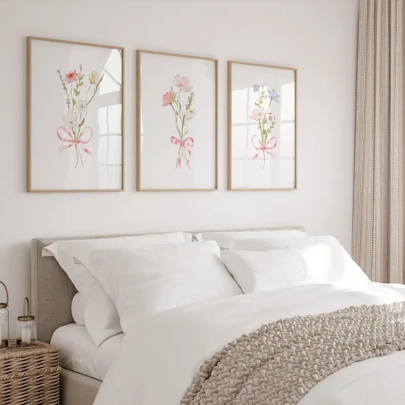 Coquette Flower Bow Wall Prints for Teen Girls Bedroom Cute Floral Decor Above Bed Set of 3 Girly Wall Art Soft Pink Aesthetic Bow Posters Frames Glossy