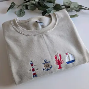 Coastal embroidered crewneck, Fisherman Aesthetic Fleece sweatshirt