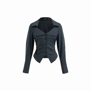 Cider Stripe Collar Long Sleeve Ruched Asymmetrical Hem Belted Shirt