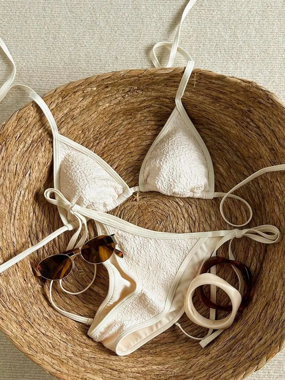 Olive Green & Beige Color Blocking Halter Thong Bikini Set, Sexy Vacation Swimwear